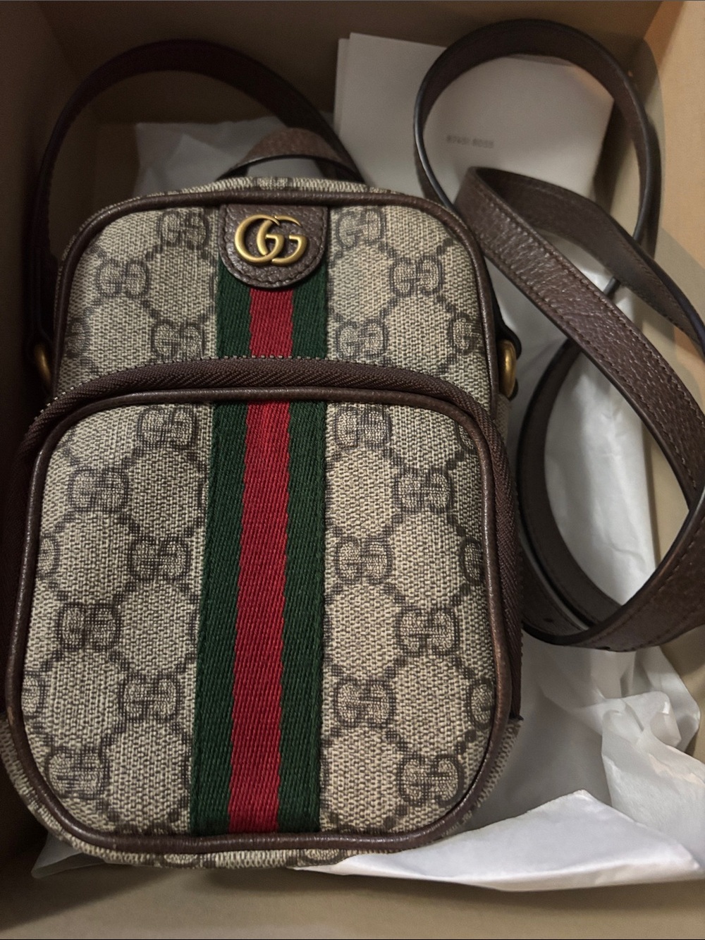 Gucci Beige GG Supreme Crossbody with Green and Red Web Stripe